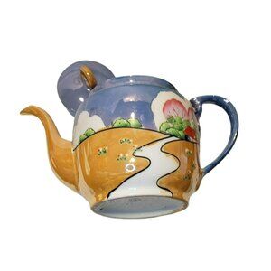 Vintage Japanese Teapot Luster Mottled Blue Landscape Farm Cottage JS406